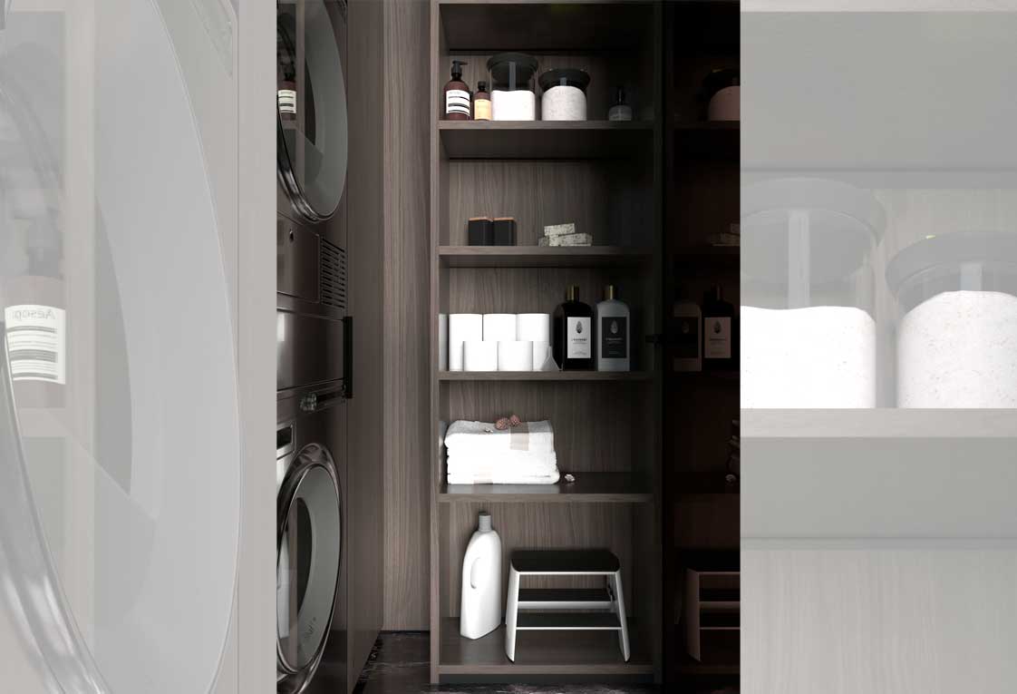 Дизайн интерьера квартиры со встроенной стиральной и сушильной машинами, и дизайн шкафа
